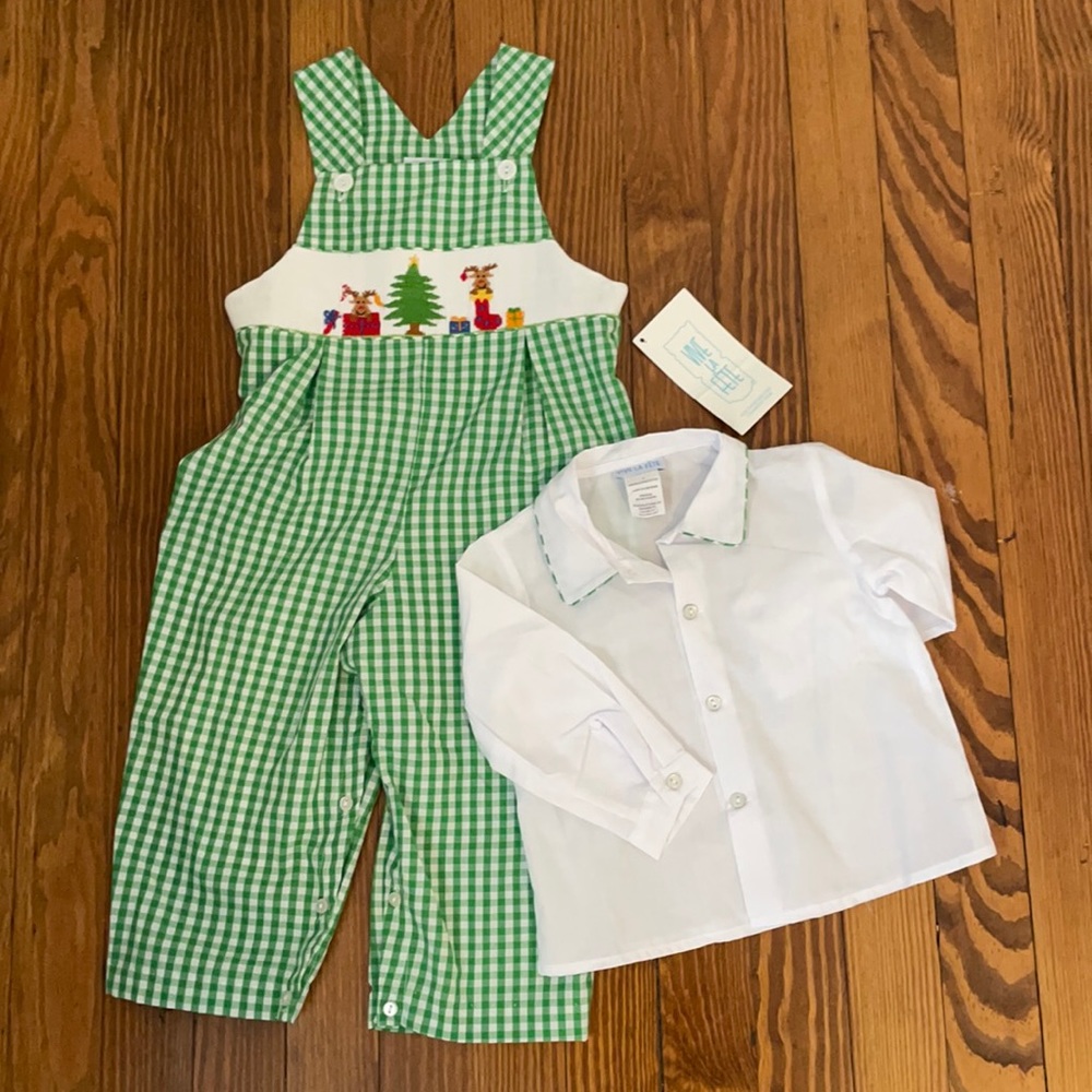 NWT Toddler Christmas Overalls and Matching button down shirt